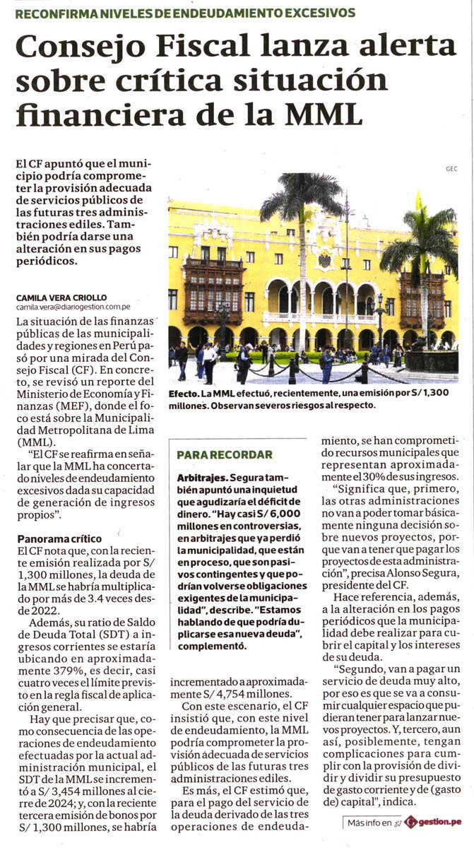 La <a href="/MuniLima/">Municipalidad de Lima</a> emite bonos por $360 millones. Su deuda total llega a $1.3 mil millones, lo que comprometería hasta el 30% de sus ingresos. Preocupan las supuestas capacidades de gestión de <a href="/rlopezaliaga1/">Rafael López Aliaga</a>, y lo que estas supondrían para el estado peruano de llegar a la presidencia.