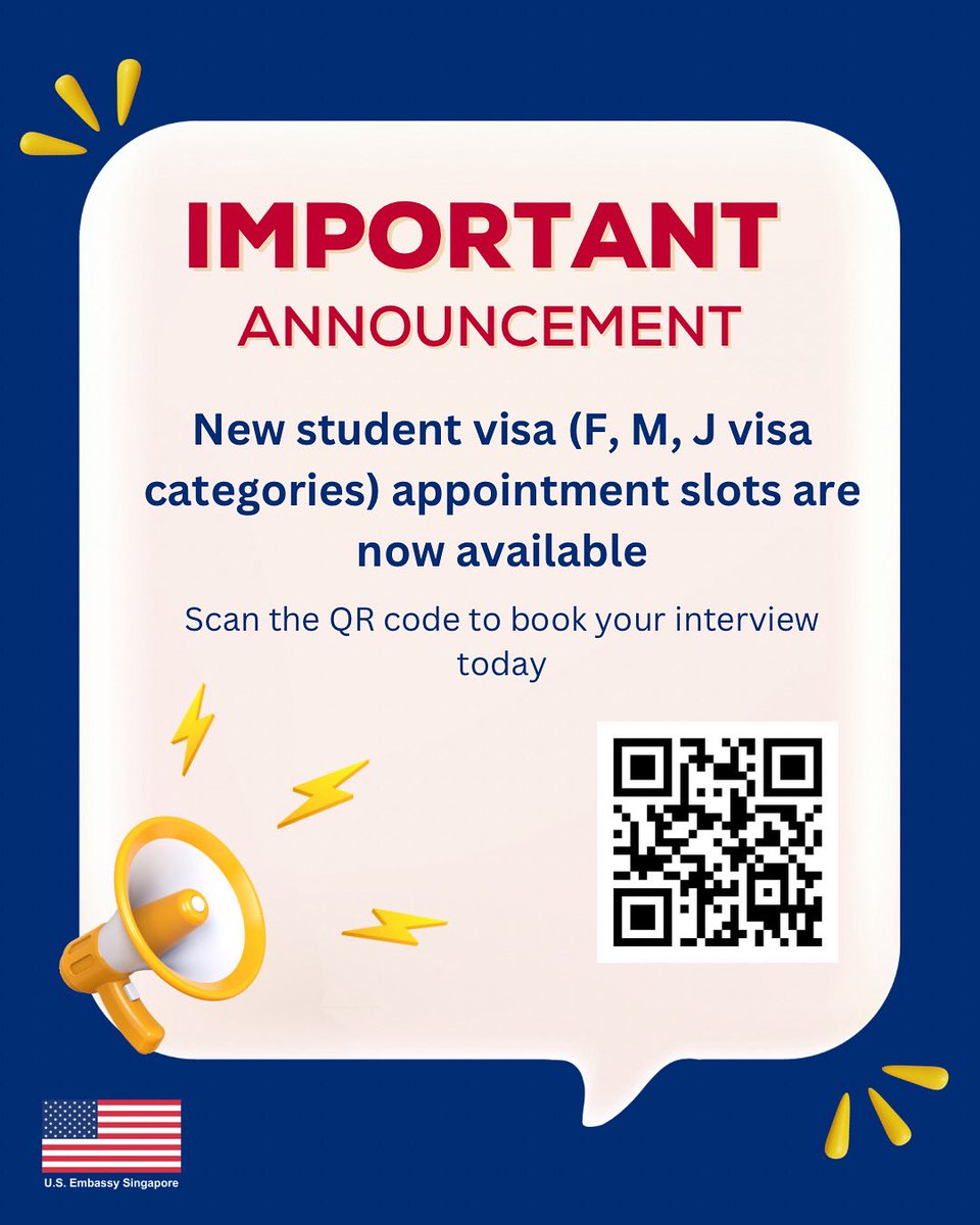 Headed to 🇺🇸 for school? New student visa interview appointments are now available! 

Book a date and time at ustraveldocs.com/sg/en.