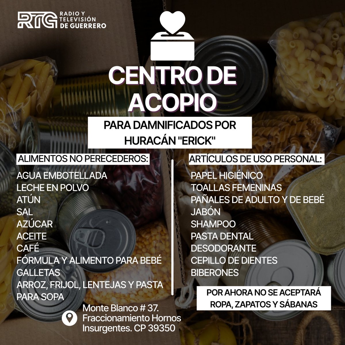 🚨En solidaridad con nuestras hermanas y hermanos de la Costa Chica y la región Centro, Radio y Televisión de Guerrero abre sus puertas como centro de acopio en Acapulco.

A partir del 20 de junio en un horario de 9:00 a 17:00 horas.