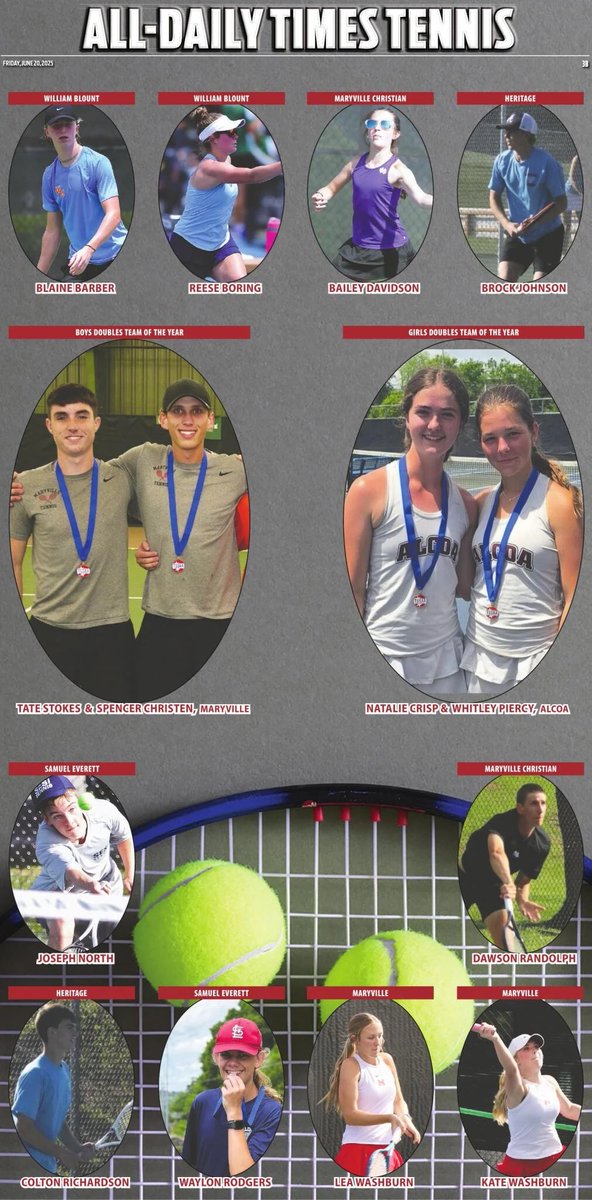 Congratulations to the athletes named to the 2025 All-Daily Times Tennis Team and our Girls Doubles team of the Year Alcoa’s Natalie Crisp and Whitley Piercy and Boys Doubles team of the Year Maryville’s Tate Stokes and Spencer Christen.