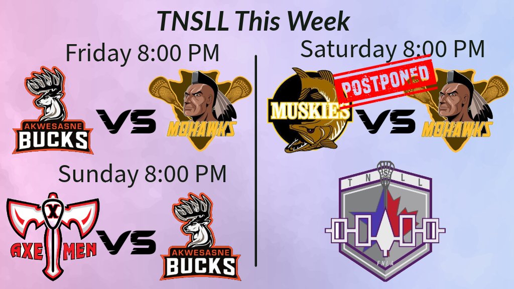 Just two games on the #TNSLL schedule this weekend 
firstnationslacrosse.com/division/2588/…