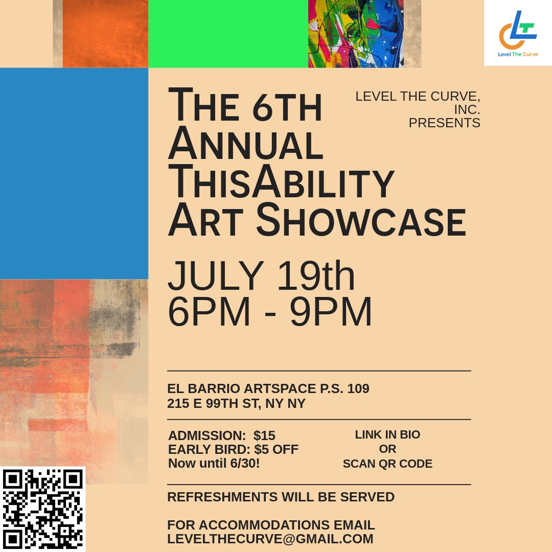 levelthecurve's tweet photo. All art styles welcome digital, spoken word, mixed media, photography, etc. Bring a friend, we'd love to see you there! 

#art#stem#disability#love#nyc https://t.co/WOk1dZBzKT
