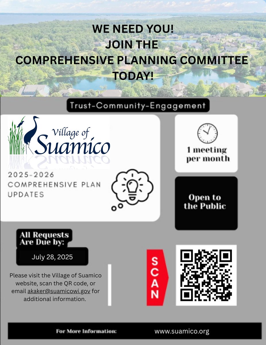 Calling on applicants to join our Comprehensive Plan Committee! Click here for more information: suamico.org/alert_detail.p… - AK #Suamico