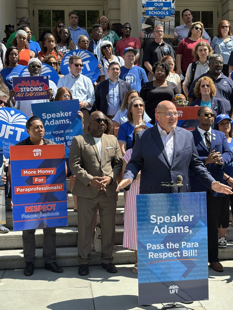 UFT President Mulgrew warned of 4,000-5,000 para vacancies in September. “Every time the city cannot fill a para position, a child with special needs does not get services,” he said as he called on <a href="/SpeakerAJones/">Speaker Adrienne A. Jones</a> and her staff to move the RESPECT check bill to a hearing.