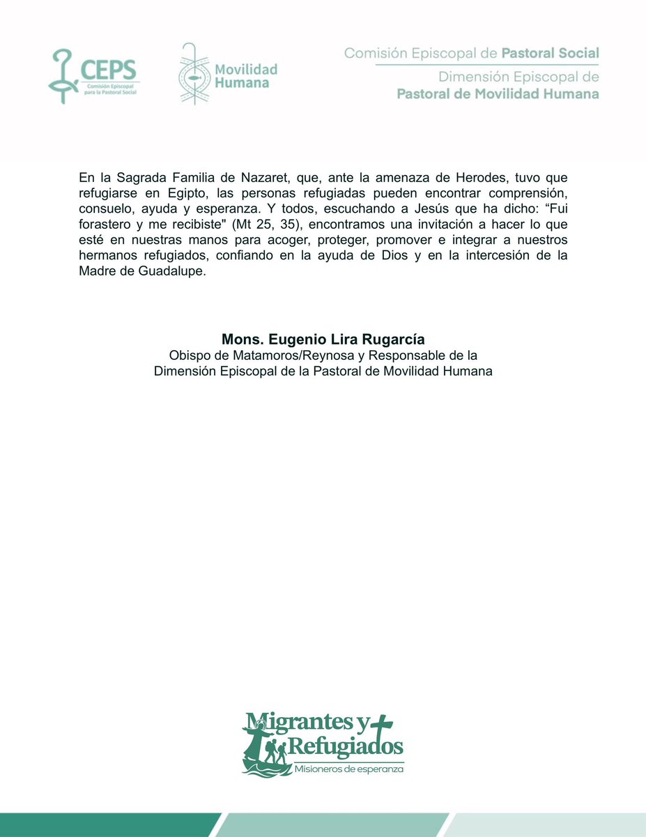 En la conmemoración del “Día Mundial de las Personas Refugiadas”, la Iglesia en México, manifiesta su compromiso en favor de las personas refugiadas. 
Las personas refugiadas, son misioneros de esperanza, que renuevan la cultura y la fe en las comunidades de acogida.