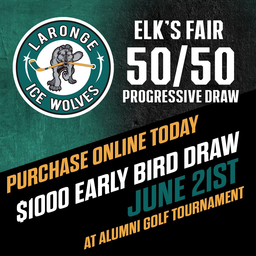 La Ronge Ice Wolves (@sjhl_icewolves) on Twitter photo Purchase your <a href="/sjhl_icewolves/">La Ronge Ice Wolves</a> Elks Fair Progressive 50/50 draw tickets online today. $1000 EARLY BIRD draw at the Alumni Golf Tournament June 21
sk.tap5050.com/apex/f?p=127:1… Purchase your <a href="/sjhl_icewolves/">La Ronge Ice Wolves</a> Elks Fair Progressive 50/50 draw tickets online today. $1000 EARLY BIRD draw at the Alumni Golf Tournament June 21
sk.tap5050.com/apex/f?p=127:1…