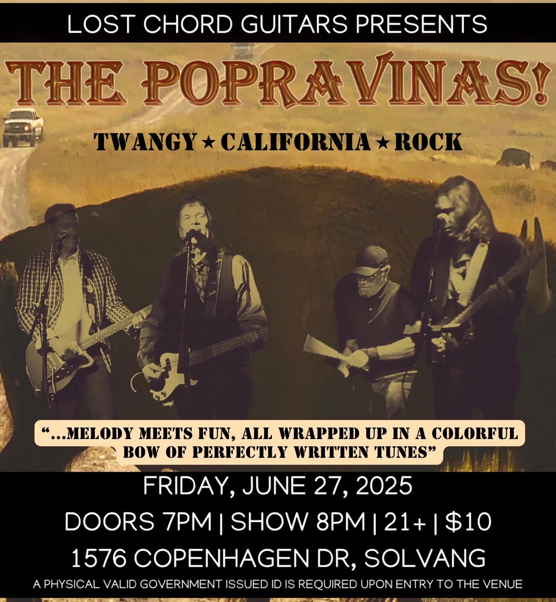 One week from tonight….It’s The Popravinas! At the Lost Chord in Solvang, CA….8-1030 PM…See you at the bar!….#Popravinas#LowChance