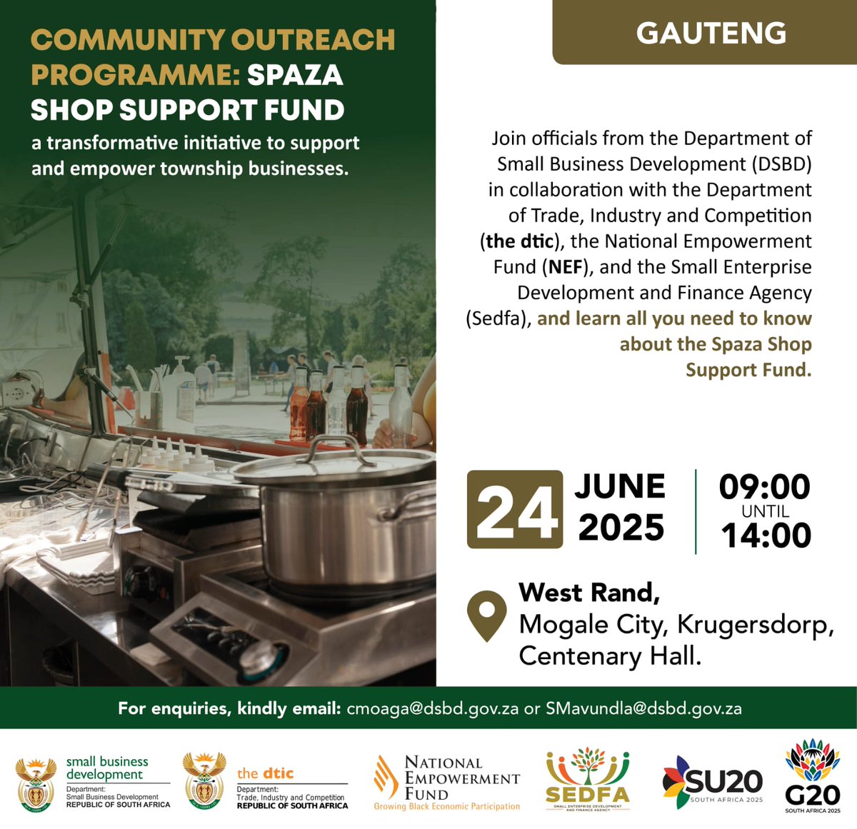 📢 Calling all spaza shop owners in the West Rand in Krugersdorp.
See all details on the poster and make sure you share it with someone who can benefit.

#spazashopsupportfund #GovZAUpdates