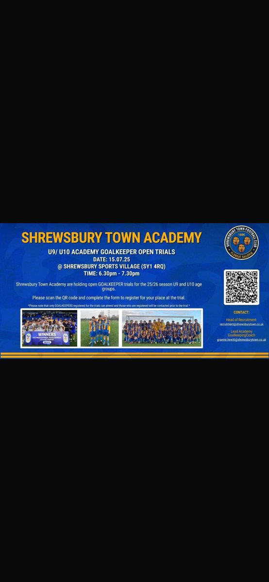 Open trials at <a href="/shrewsacademy/">Shrewsbury Town Academy</a> for U9 &amp; U10’s Goalkeepers 🧤⚽️