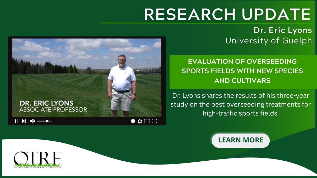 With # OTRF funding, Dr. Eric Lyons (@uofguelph) shares the results from his three-year study on overseeding sports fields. Interesting (and surprising) data on various cultivars! 
📽️ Watch the recap: l8r.it/UKfs
#TurfgrassResearch #SportsFieldManagement