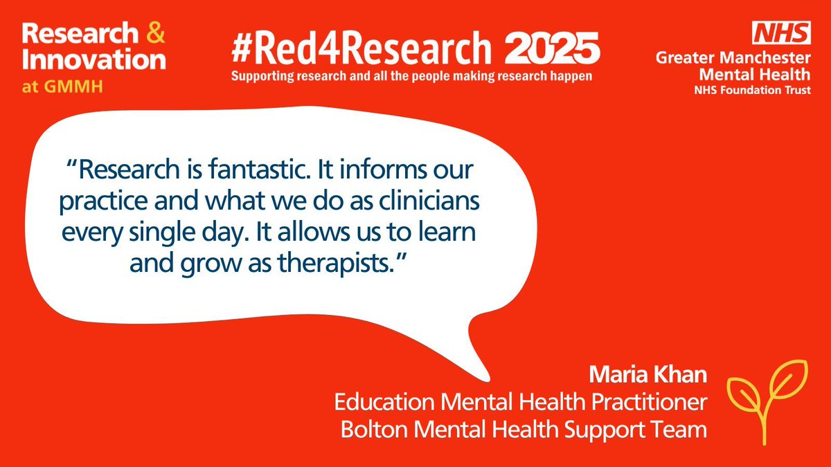 GMMH Research & Innovation (@gmmhresearch) on Twitter photo “Research is fantastic. It informs our practice and what we do as clinicians every single day. It allows us to learn and grow as therapists.” Maria Khan, Education Mental Health Practitioner. <a href="/GMMH_NHS/">Greater Manchester Mental Health</a> #Red4Research #BePartofResearch “Research is fantastic. It informs our practice and what we do as clinicians every single day. It allows us to learn and grow as therapists.” Maria Khan, Education Mental Health Practitioner. <a href="/GMMH_NHS/">Greater Manchester Mental Health</a> #Red4Research #BePartofResearch