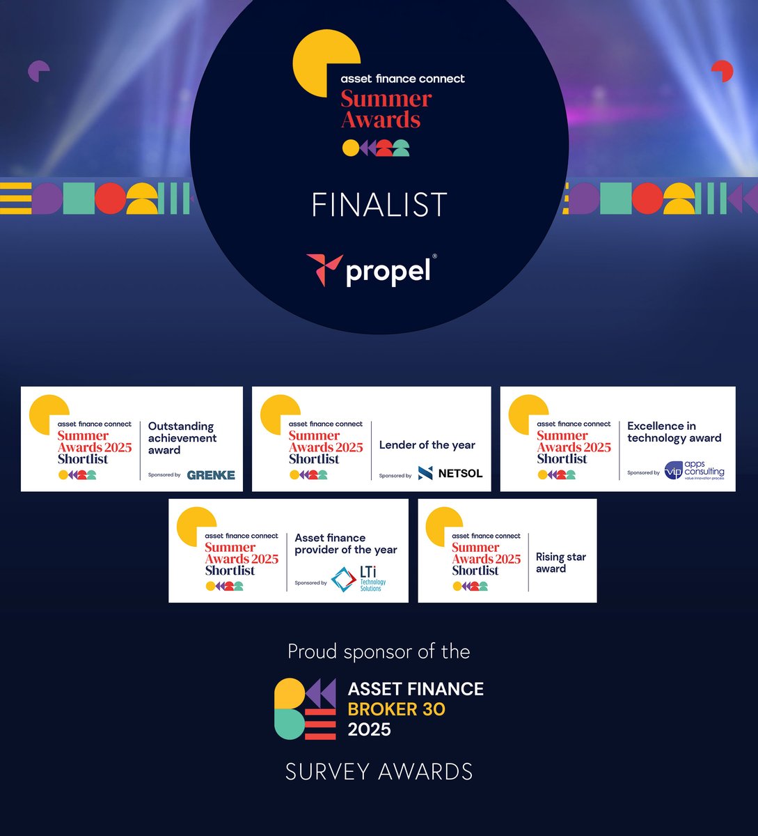 We’re thrilled to be a finalist at the Asset Finance Connect 2025 Summer Awards, where we’re honoured to be recognised across FIVE special categories. We're also proud sponsors of the new AF30 Broker Survey Awards. It's a privilege to be part of this leading industry event.