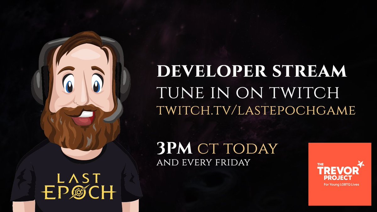 LastEpoch's tweet image. Come join Mike @ 3pm CDT, live on Twitch!
Link: bit.ly/3zX88IS
We have chosen The Trevor Project as our charity for this stream.