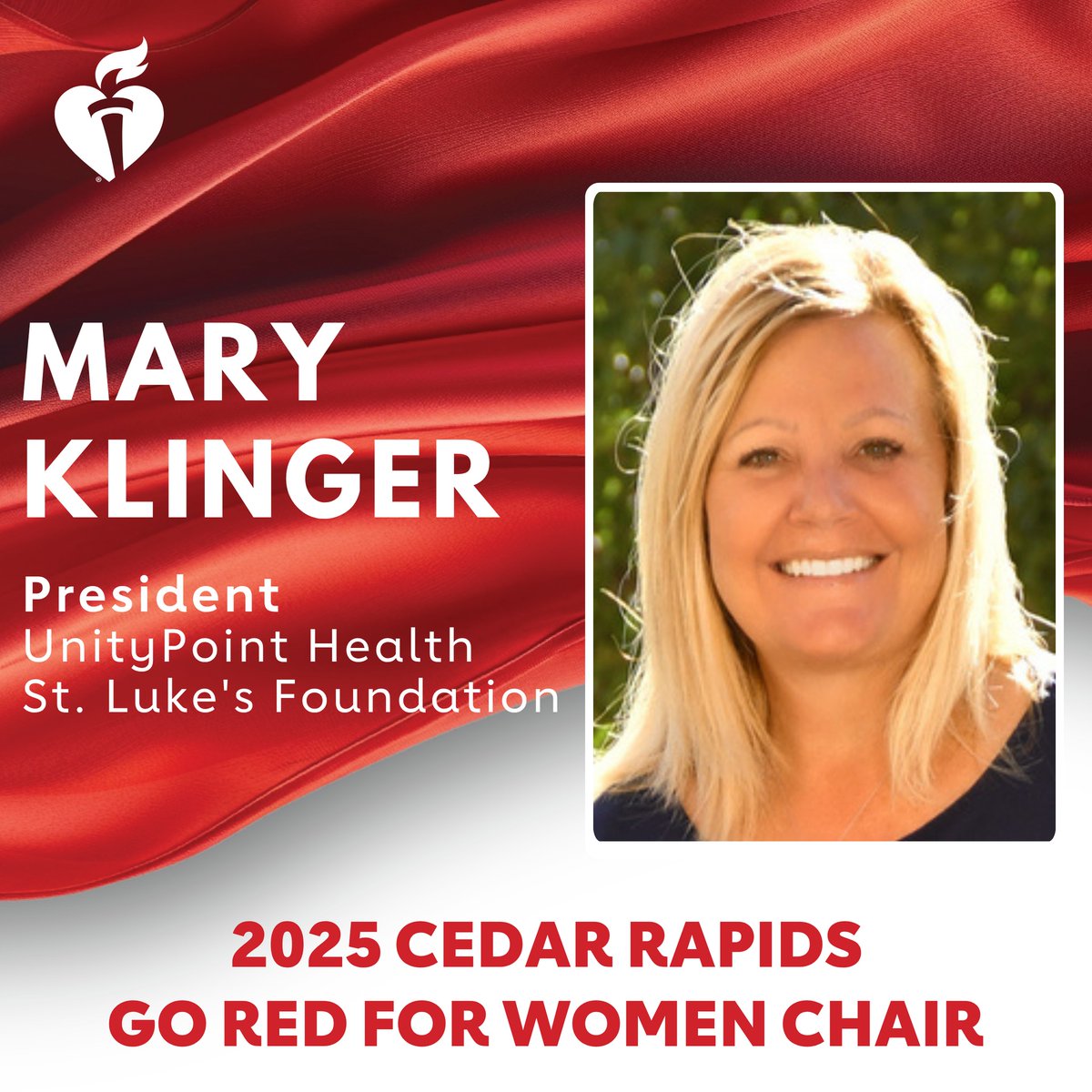 UnityPointCR's tweet image. St. Luke's Foundation President Mary Klinger has stepped up to lead AHA's Go Red for Women! St. Luke's has supported this event since its inception more than 20 years ago. Sign up today: bit.ly/40b2650