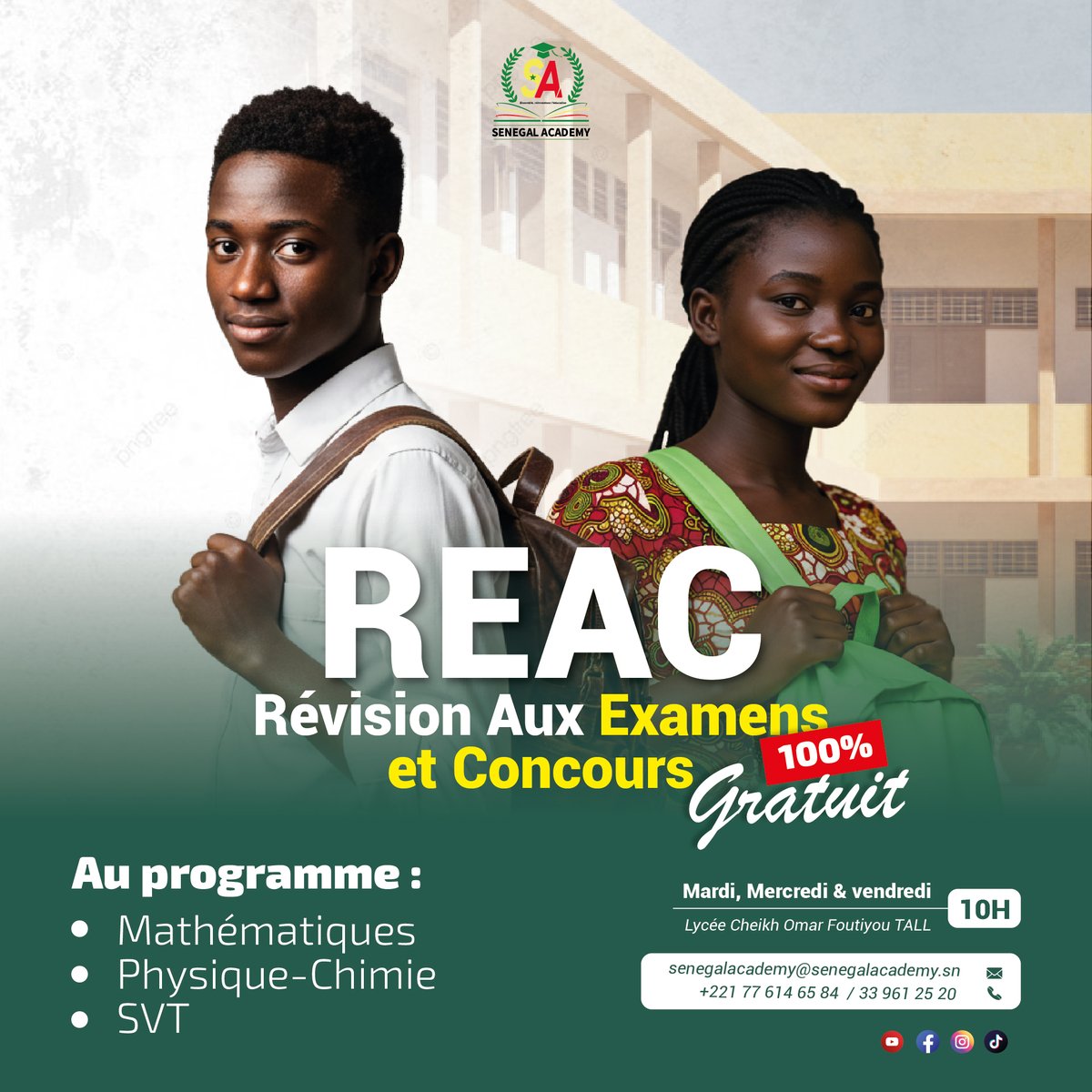 REAC- Révision Aux Examens et Concours
Depuis 2018, nous mettons en œuvre le projet REAC (Révision Aux Examens et Concours) pour aider les jeunes vulnérables à réussir. Une synthèse pour le Bac en Mathématiques, PC et SVT est prévue ce mardi, mercredi et vendredi  au LCOFT.