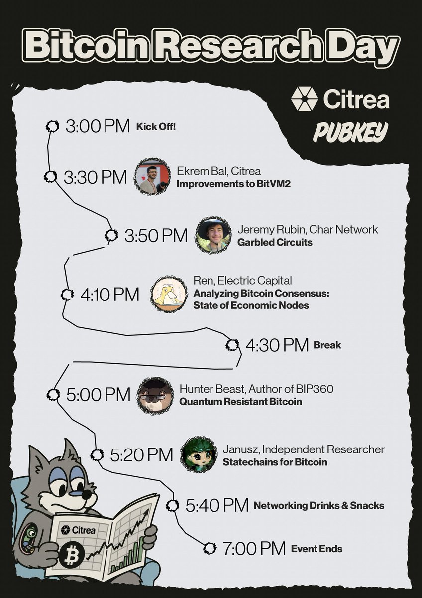Citrea (@citrea_xyz) on Twitter photo The agenda is live for Bitcoin Research Day NYC on June 26, 3PM @Pubkey.
Talks on BitVM2, Garbled Circuits, Quantum Bitcoin, & more, plus good bites and networking!
Featuring <a href="/ekrembal_/">Ekrem BAL</a>, <a href="/JeremyRubin/">my</a>, <a href="/0xren_cf/">ren (wassie arc)</a>, <a href="/cryptoquick/">Hunter Beast</a> & <a href="/januszg_/">yah-noosh</a>
Apply to join: lu.ma/uonsuvwl The agenda is live for Bitcoin Research Day NYC on June 26, 3PM @Pubkey.
Talks on BitVM2, Garbled Circuits, Quantum Bitcoin, & more, plus good bites and networking!
Featuring <a href="/ekrembal_/">Ekrem BAL</a>, <a href="/JeremyRubin/">my</a>, <a href="/0xren_cf/">ren (wassie arc)</a>, <a href="/cryptoquick/">Hunter Beast</a> & <a href="/januszg_/">yah-noosh</a>
Apply to join: lu.ma/uonsuvwl