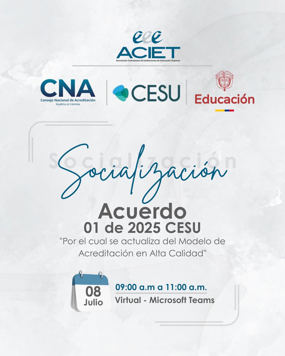 ¡Los invitamos a participar en la socialización del Acuerdo 01 de 2025 del CESU!
Un espacio clave para conocer de primera mano la actualización del Modelo de Acreditación en Alta Calidad.

🔗 Inscripciones: forms.gle/EeiZLKobkJXnRt…