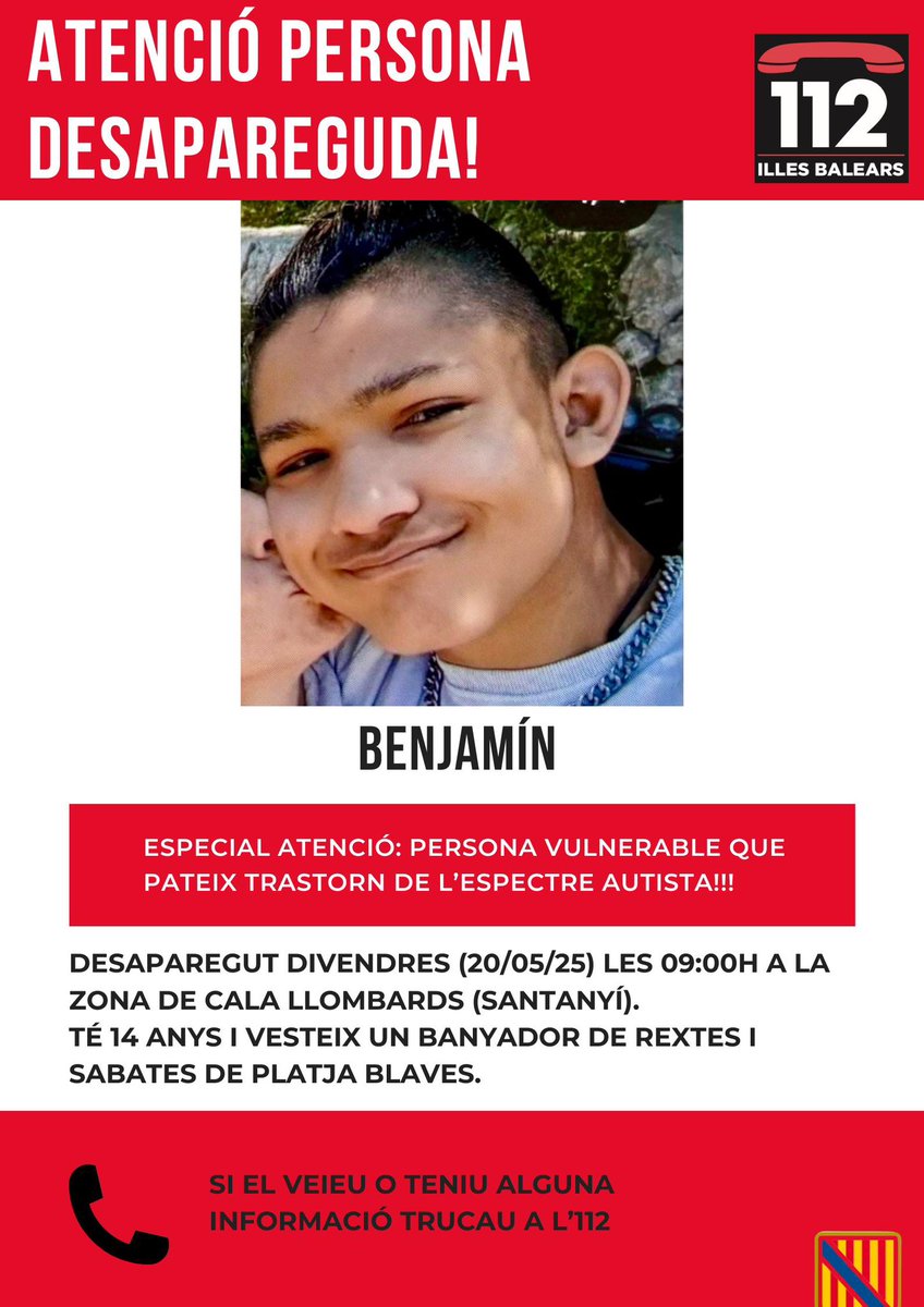⚠️ ATENCIÓ PERSONA VULNERABLE DESAPAREGUDA A ZONA CALA LLOMBARDS ‼️

Trucau a l’112 si l’heu vist o teniu informació.