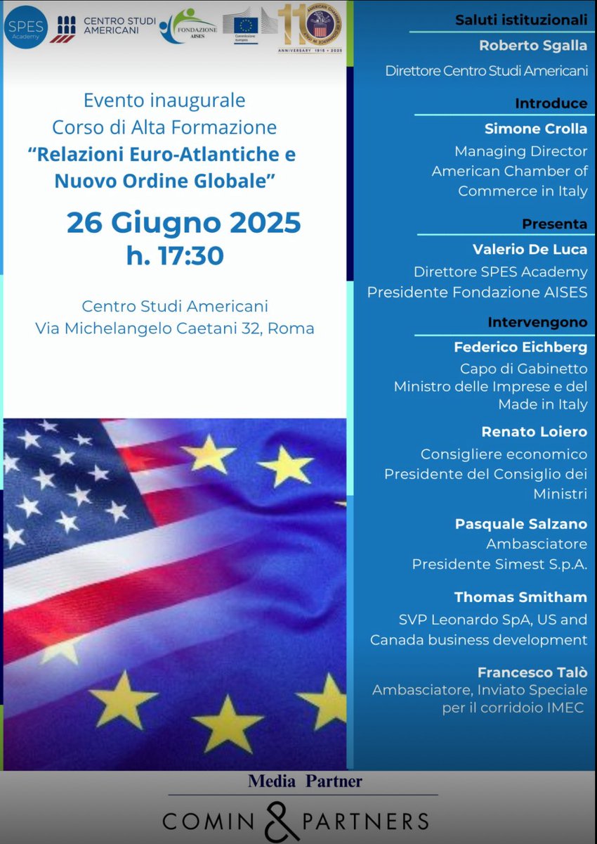 Il 26 giugno interverrò al Corso promosso da SPES Academy su “Relazioni Euro-Atlantiche e Nuovo Ordine Globale”. Un momento di confronto sul ruolo dell’Italia e sulla dimensione strategica del legame transatlantico tra geopolitica e competitività.