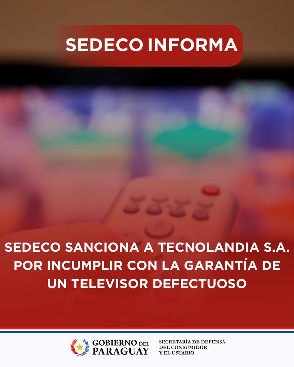 sedecopy's tweet photo. 🔺SEDECO sanciona a Tecnolandia por incumplir con la garantía de un televisor defectuoso🔻

📌La Secretaría de Defensa del Consumidor y el Usuario (SEDECO) ordenó a TECNOLANDIA S.A., por no cumplir con las condiciones de garantía de un producto, a que en el plazo de 48 hs. https://t.co/GwFfRhYqIs