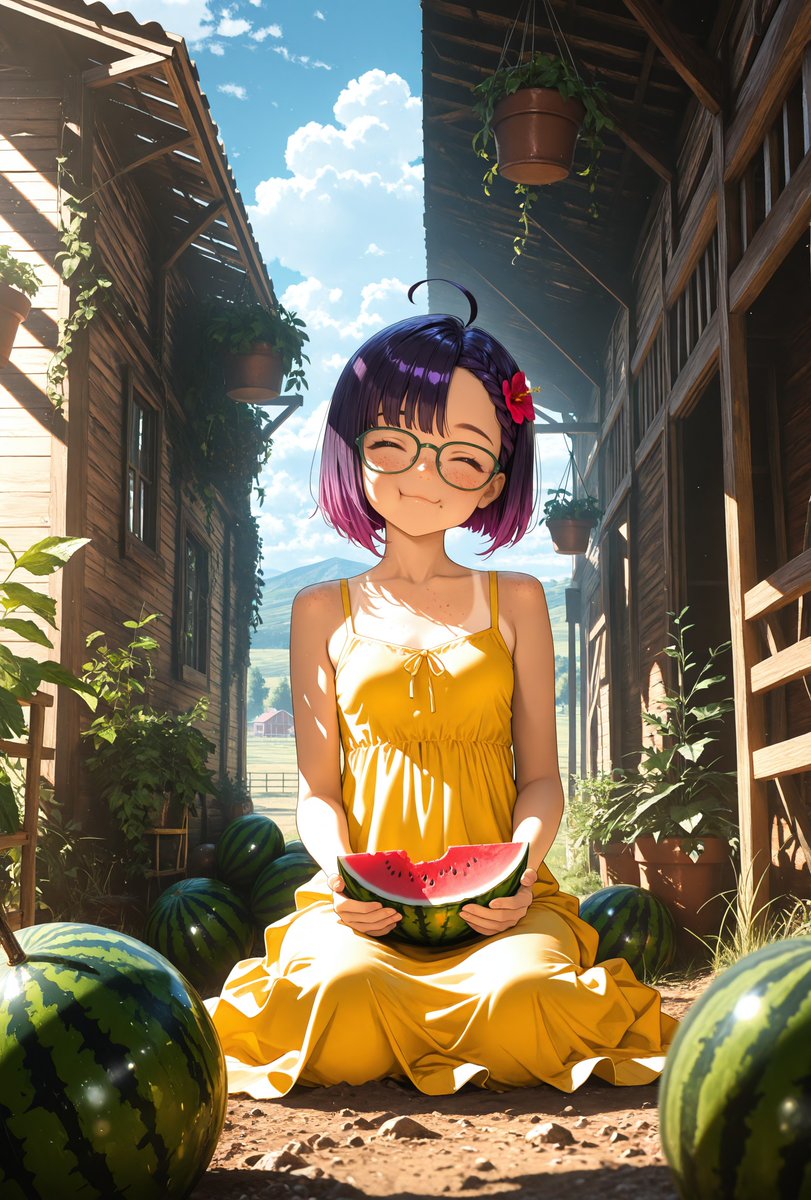夏の果物が大好き！毎日スイカを食べられそう〜！
I love summer fruit! I could eat watermelon every day~!

Tiffany (OC) #aiイラスト #aiart #AIイラスト好きさんと繫がりたい #オリジナル