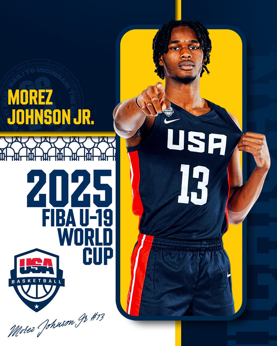 Morez is Red, White &amp; Blue 🇺🇸! Selected as one of 12 members of Team USA, he heads to Switzerland for the 2025 FIBA U19 World Cup (June 28-July 6)! That makes two Wolverines in the event! Find out more below!

Release: myumi.ch/G2GxJ

#GoBlue x #USABMU19
