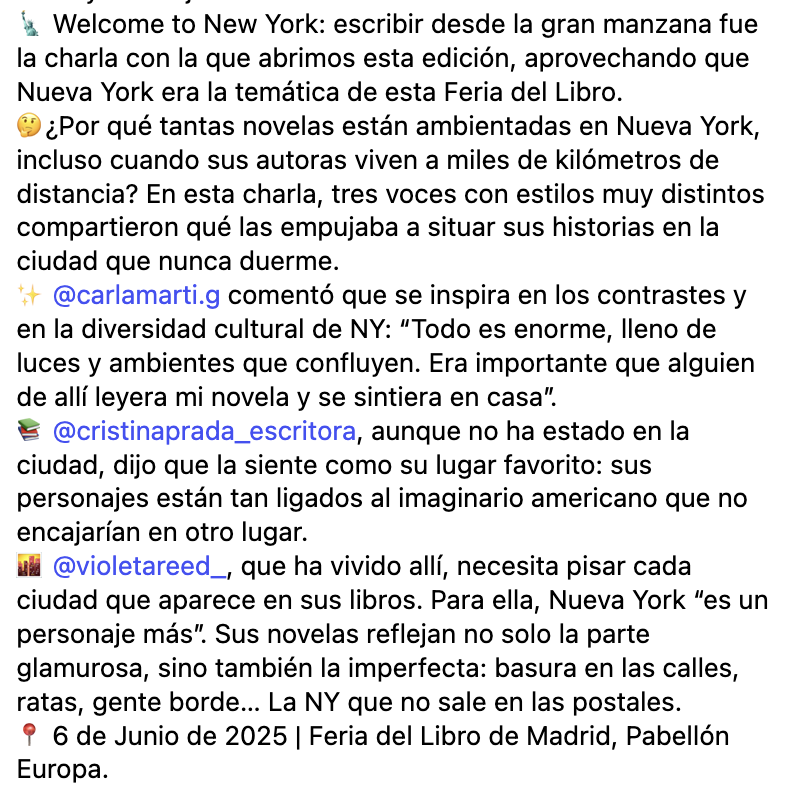 💗Hoy hace ya 15 días que dio comienzo la Lit Con Madrid así que es el día perfecto para empezar a compartir fotos y los mejores momentos 
🗽 Welcome to New York: novelas ambientadas en la gram manzana #FLM25 #LCM25 #LitConMadrid