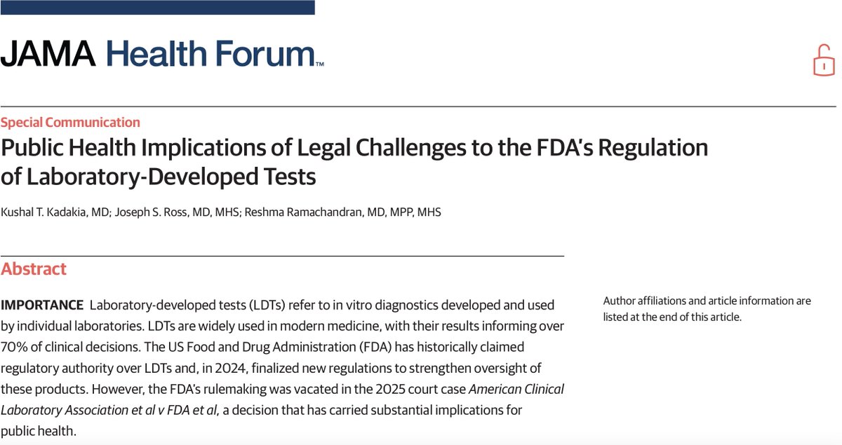 Kushal Kadakia (@ktkadakia) on Twitter photo How will the court's decision in ACLA vs FDA affect the future of public health? In <a href="/JAMAHealthForum/">JAMA Health Forum</a>, <a href="/jsross119/">Joseph Ross</a> <a href="/reshmagar/">Reshma Ramachandran</a> and I from <a href="/Yale_CRRIT/">Yale CRRIT</a> explore the history of LDT regulation and the implications for future <a href="/US_FDA/">U.S. FDA</a> policy (1/10) How will the court's decision in ACLA vs FDA affect the future of public health? In <a href="/JAMAHealthForum/">JAMA Health Forum</a>, <a href="/jsross119/">Joseph Ross</a> <a href="/reshmagar/">Reshma Ramachandran</a> and I from <a href="/Yale_CRRIT/">Yale CRRIT</a> explore the history of LDT regulation and the implications for future <a href="/US_FDA/">U.S. FDA</a> policy (1/10)