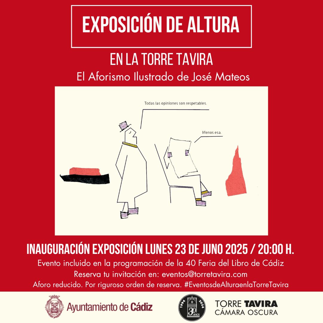 Cámara Oscura (@torre_tavira) on Twitter photo El próximo lunes 23 de junio, a las 20:00, inauguramos la exposición «El Aforismo Ilustrado», un conjunto de viñetas que firma el poeta gaditano José Mateos
Estará incluido en la programación de la 40 edición de la Feria del Libro de Cádiz📚
Reserva en: eventos@torretavira.com📥 El próximo lunes 23 de junio, a las 20:00, inauguramos la exposición «El Aforismo Ilustrado», un conjunto de viñetas que firma el poeta gaditano José Mateos
Estará incluido en la programación de la 40 edición de la Feria del Libro de Cádiz📚
Reserva en: eventos@torretavira.com📥