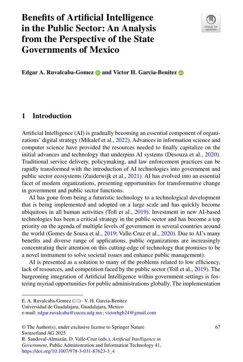 Edgar Ruvalcaba (@edgar_ruvalcaba) on Twitter photo #NewBook
“Artificial Intelligence in Government”, editado por <a href="/horus72/">horus72</a> y <a href="/neo_matrix_/">David Valle-Cruz</a>
Junto a <a href="/Victor_GarciaB/">Victor Garcia</a> colaboré con un capítulo sobre los usos y beneficios de la #IA en el sector público, analizando los gobiernos estatales de México.
👇🏼👇🏼👇🏼
doi.org/10.1007/978-3-… #NewBook
“Artificial Intelligence in Government”, editado por <a href="/horus72/">horus72</a> y <a href="/neo_matrix_/">David Valle-Cruz</a>
Junto a <a href="/Victor_GarciaB/">Victor Garcia</a> colaboré con un capítulo sobre los usos y beneficios de la #IA en el sector público, analizando los gobiernos estatales de México.
👇🏼👇🏼👇🏼
doi.org/10.1007/978-3-…