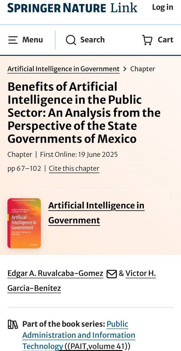 EDGAR_RUVALCABA's tweet image. #NewBook

“Artificial Intelligence in Government”, editado por @horus72 y @neo_matrix_

Junto a @Victor_GarciaB colaboré con un capítulo sobre los usos y beneficios de la #IA en el sector público, analizando los gobiernos estatales de México.

👇🏼👇🏼👇🏼
doi.org/10.1007/978-3-…