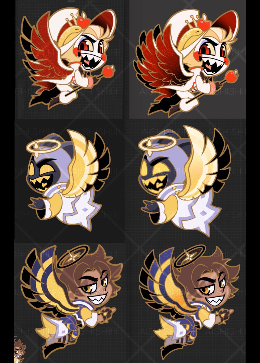 I am still blown away by how well these were received! Thank you all for the love😭 

I went over them again to make them the best they can be! 
Right is the new and final version of each Design ❤️

#HazbinHotelLucifer #HazbinHotelAdam #HazbinHotelBanjo
