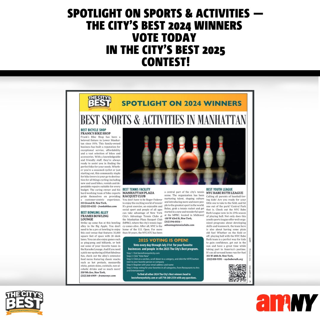 bestofthenyc's tweet photo. Enjoy the upcoming summer season with some of the Best Sports &amp; Activities resources in Manhattan, winners of The City's Best 2024 contest:
🚲🎳🎾⚾

https://t.co/4ar6cPQ3gW

Vote today for your favorite businesses in the 2025 The City's Best contest!
https://t.co/zLW1PBEwuJ https://t.co/neMH3yK9Id