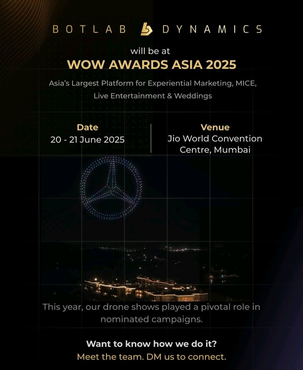 BotLabDynamics's tweet image. We’re excited to be attending WOW Awards Asia 2025!
This year, we’re especially proud, as several client campaigns powered by BotLab’s drone shows have been nominated in key categories.
#WOWAwardsAsia2025 #BotLabDynamics #DroneShows #ExperientialMarketing #EventTech