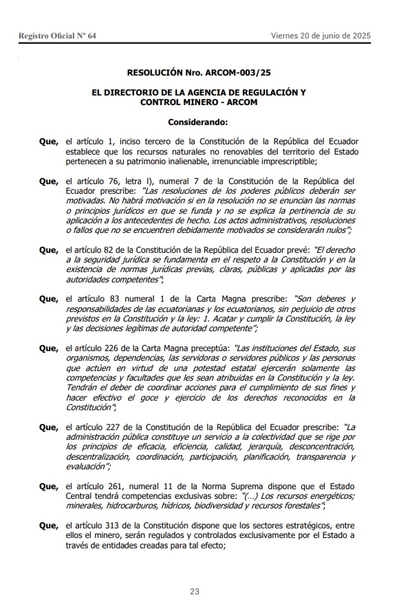 steviegamboa's tweet photo. ENCIENDAN LOS MOTORES! La "tasa" más alta jamás creada (en ningún país del mundo) al sector minero y sus concesionarios apareció -con 20 días de retraso- finalmente en el Registro Oficial. 
Ya TODOS podrán iniciar sus respectivas acciones en contra de los 223 millones de dólares que pretende recaudar @ARCOM_Ecu
que -por cierto- dijo en su planificación presupuestaria anual del 2025 (que presentó para el Presupuesto General del Estado) que necesita menos de 8 millones para toda su actividad de control.
Aquí la calculadora para que sepamos de cuánto de trata la "inyección" por cada hectárea concesionada👇
https://t.co/g4LlUlRQt4