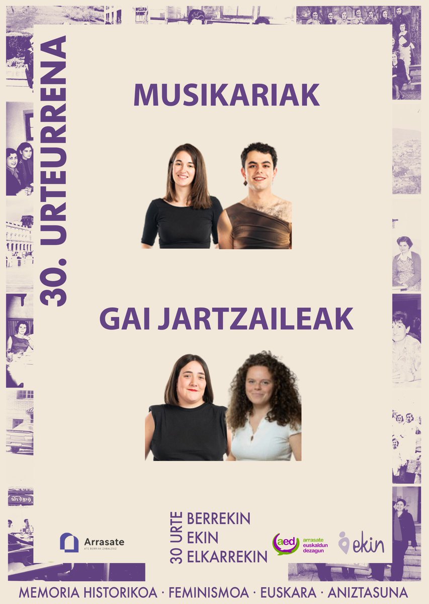 Ekin emakumeak elkartearen 30. urteurrena ospatuko dugu aurtengo San Juanetako bertso saioan, musika lagun!
Adi lekuari, Ferrerias kaleko Arotz plazan izango da. Eta, euria egingo balu -baina ez du egingo- Kulturaten.