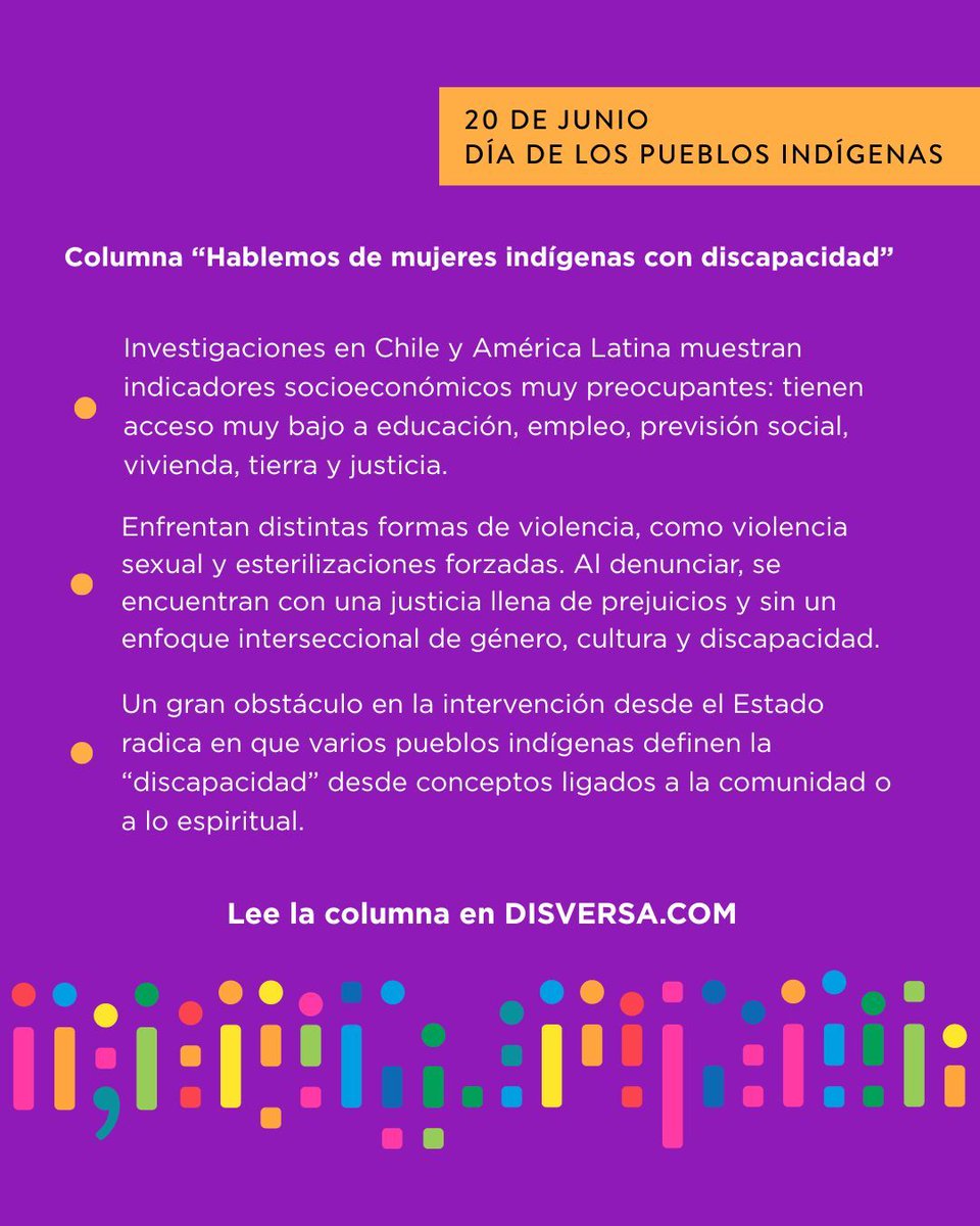 Núcleo DISCA (@nucleodisca) on Twitter photo En el Día de los Pueblos Indígenas compartimos algunos puntos clave sobre ser mujer indígena con discapacidad, a partir de la columna de Michelle Lapierre, investigadora de Núcleo DISCA y académica de la Universidad de La Frontera.
Lee la columna en disversa.com/2025/06/20/hab… En el Día de los Pueblos Indígenas compartimos algunos puntos clave sobre ser mujer indígena con discapacidad, a partir de la columna de Michelle Lapierre, investigadora de Núcleo DISCA y académica de la Universidad de La Frontera.
Lee la columna en disversa.com/2025/06/20/hab…
