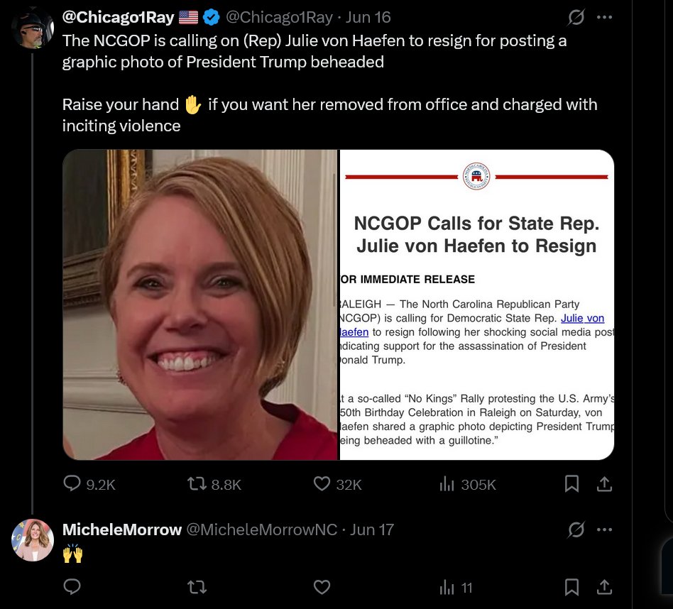 Michele Morrow is supporting calls for NC Rep. Julie von Haefen to resign, be removed from office &amp; charged w/ inciting violence b/c she showed a sign from a No Kings protest of a beheaded Trump. Morrow has posted about killing various people such as Obama &amp; Biden. #nced #ncpol