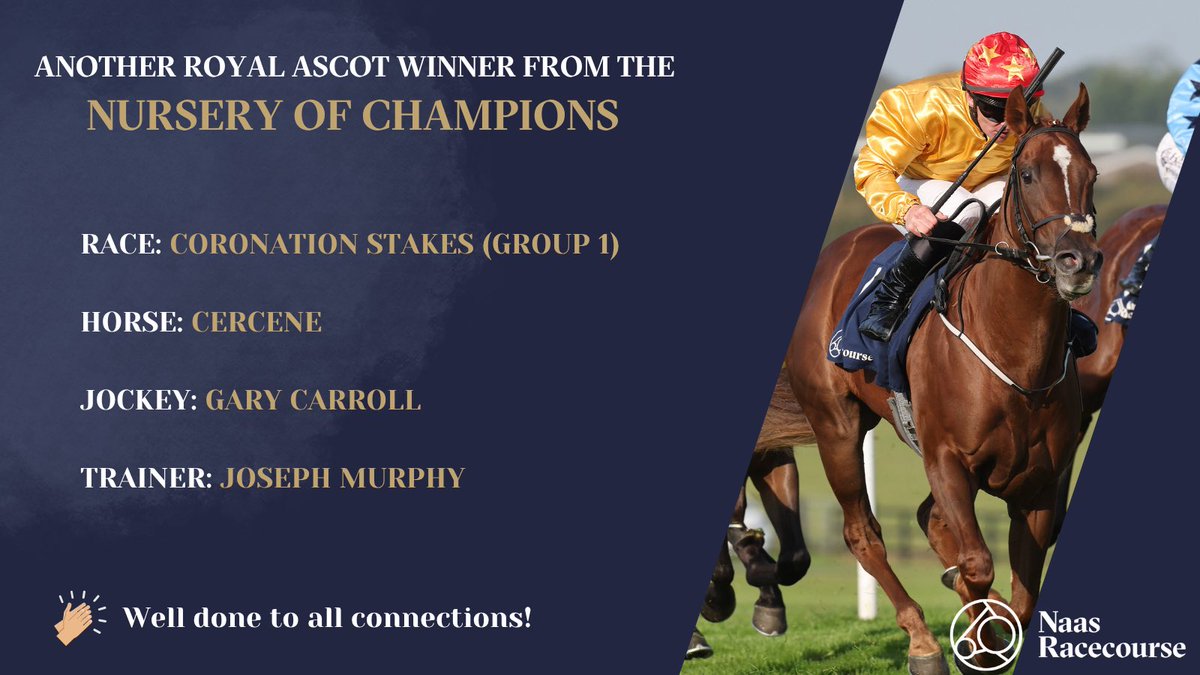 Congratulations to Joseph Murphy on his first Royal Ascot winner, CERCENE, ridden by <a href="/garyfcarroll/">Gary Carroll</a> 🤩

This Australia filly broke her maiden here at Naas last September! 🏇

#NurseryOfChampions #NaasRC
