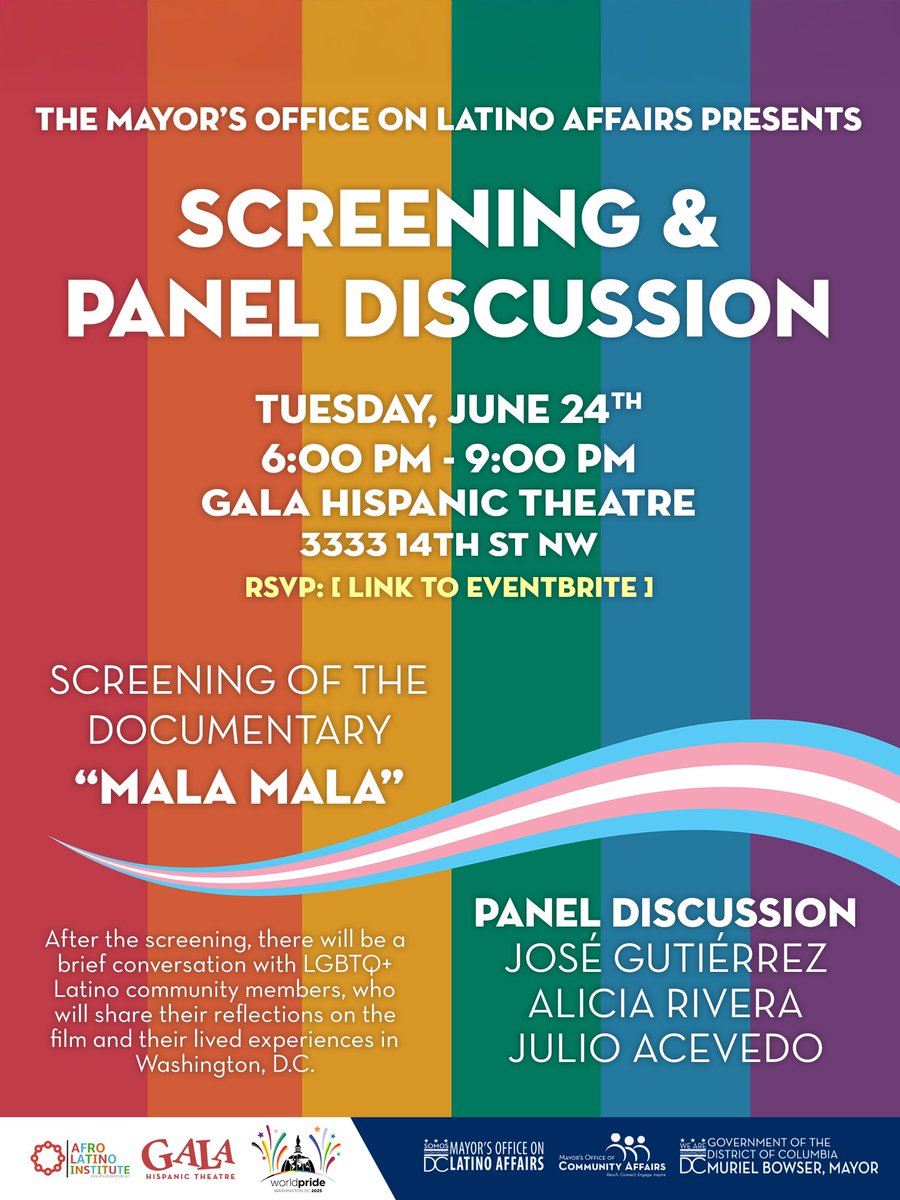 🎬 ¡Acompáñanos al Cinefórum!
Este martes 24 de junio proyectaremos el documental "Mala Mala" en el Teatro Hispano GALA.
✨ Una noche para reflexionar sobre identidad, orgullo y resiliencia con voces LGBTQ+ latinas de DC.

🕕 6 PM – 9 PM
📍 3333 14th St NW
🎟️ Entrada gratuita
