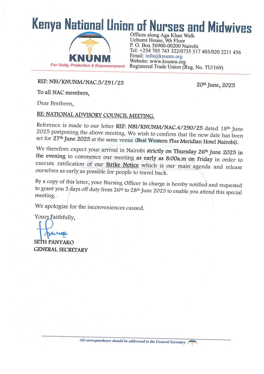 We have invited the National Advisory Council to a meeting to ratify the Nationwide Strike Notice which is set to commence on 7th July, 2025.

The Members of the Union are hereby requested to continue mobilizing in order to ensure 100 💯 participation in the Strike.