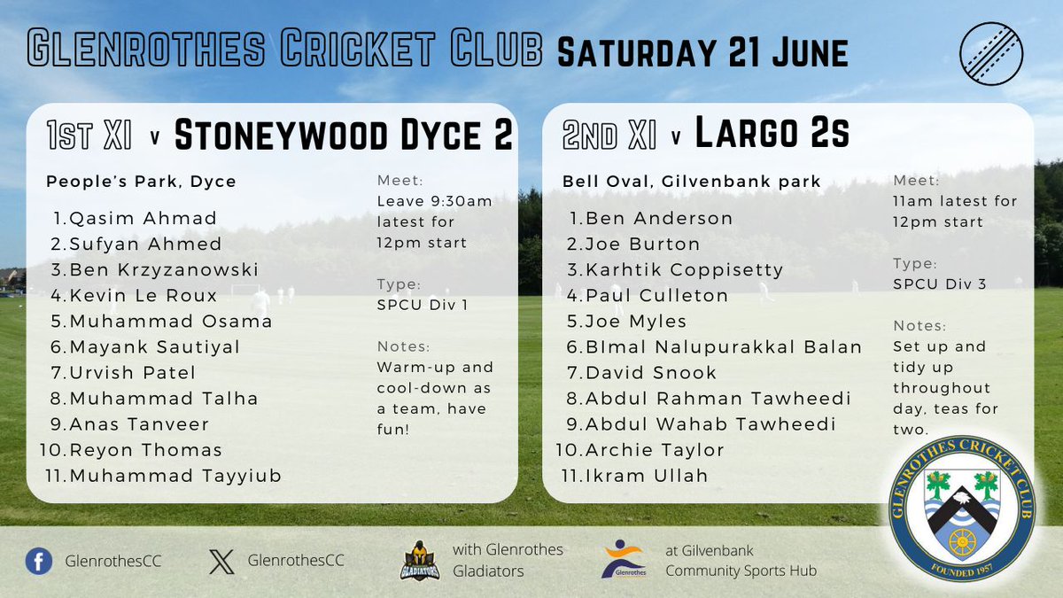👀 UPCOMING FIXTURES, Saturday 21 June

1️⃣ v Stoneywood Dyce 2s, SPCU Division 1 (A)
2️⃣ v Largo 2s, SPCU Division 3 (H)

After three weeks of weekend rain it looks like we should be back out on the cricket field tomorrow.  

⭐️ FUN | ENJOYMENT | RESPECT