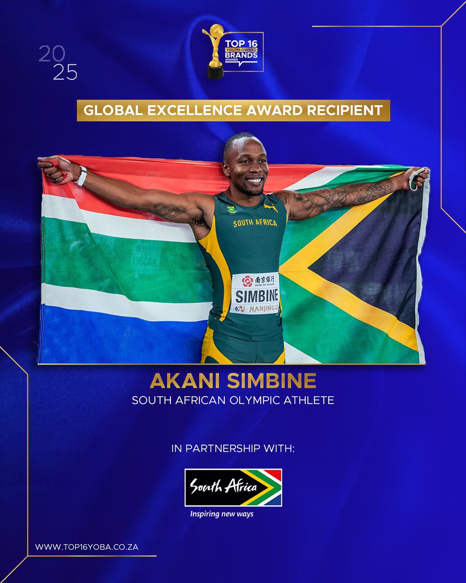 Top16YOBA's tweet photo. Global greatness incoming!
โจSprint icon Akani Simbine is this yearโs Global Excellence Award recipient at the #Top16YOBA โ proudly powered by @Brand_SA ๐๐ฟ๐ฆ
Catch the moment live this Saturday. Tickets are moving fast! ๐๏ธ
โจ#YouthExcellence #AkaniSimbine #GlobalExcellence https://t.co/d5JhBQBsv4