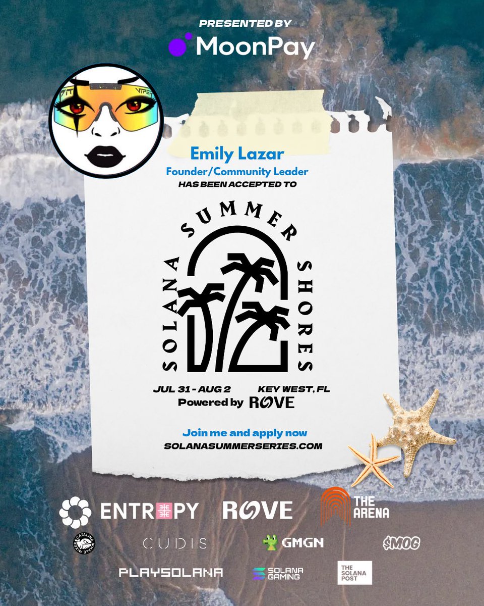 🎉 Congrats <a href="/EmilyLazar_SM/">Emily Lazar</a> — you’re in!

Your application to attend Solana Summer Shores (July 31–Aug 2) in Key West, FL has been accepted! 🌴🔥

Presented by <a href="/moonpay/">MoonPay 🟣</a>, this is your invite to one of the most curated builder events of the year.

Check your Telegram now for next