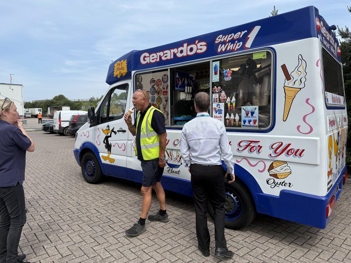 CCLogisticsUK's tweet photo. As the temperature outside reached 28 degrees today with even higher temperatures expected over the weekend, we sent an Ice Cream Van around our sites in Grimsby as a summer treat for our employees. ☀️🍦 https://t.co/MIunANeVWH