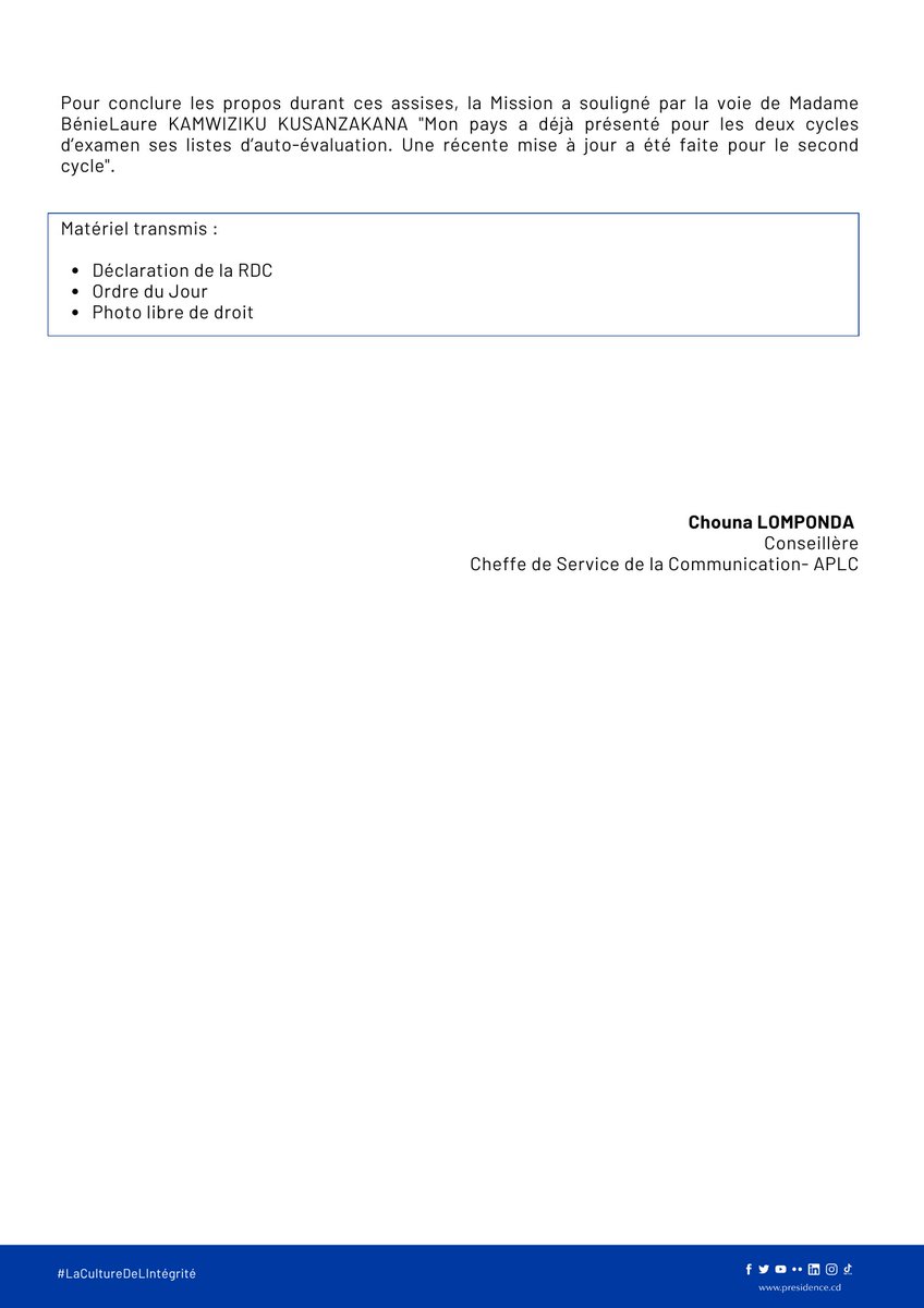 16 - 20.06.2025 I Communiqué de presse N°033

APLC : la RDC présente des réponses concrètes et des avancées significatives lors de la Conférence des États Parties à la Convention des Nations Unies contre la Corruption.

#LaCultureDeLIntégrité #APLC #Anticorruption