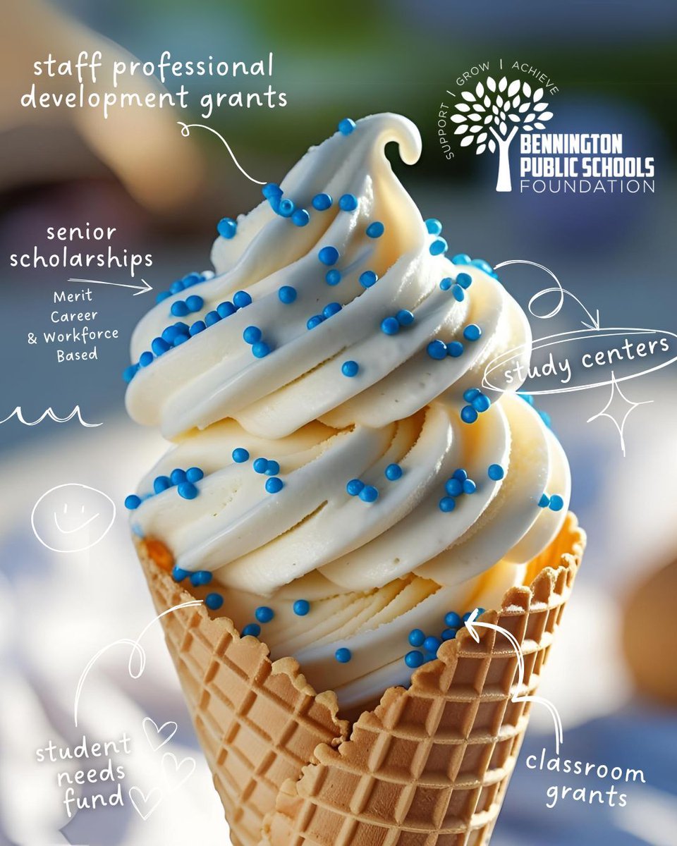 These hot days have us thinking... about ice cream. 🍦
Someone recently asked if BPS Foundation is just “sprinkles on a sundae.”

Our answer? Absolutely—and more!

We fund the fun and the essential—from scholarships to student needs.

Learn more: BenningtonSchoolsFoundation.org