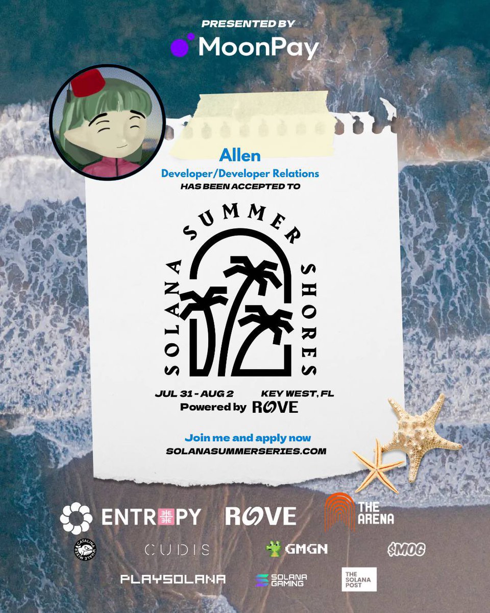 🎉 Congrats <a href="/allenkaplan/">allen (love/acc)</a> — you’re in!

Your application to attend Solana Summer Shores (July 31–Aug 2) in Key West, FL has been accepted! 🌴🔥

Presented by <a href="/moonpay/">MoonPay 🟣</a>, this is your invite to one of the most curated builder events of the year.

Check your Telegram now for next