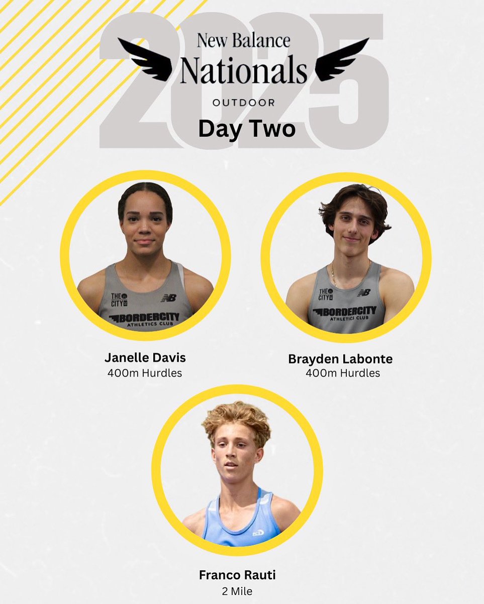 📍 New Balance Nationals | Day Two
Day two is underway at #NBNationals2025 and Border City is back on the track!
From hurdles to the 2 mile.
🌟 Day Two Athletes
▪️ J Davis – 400m Hurdles
▪️ B Labonte – 400m Hurdles
▪️ F Rauti – 2 Mile

🖤💛
#TheCityAC #NBNO2025