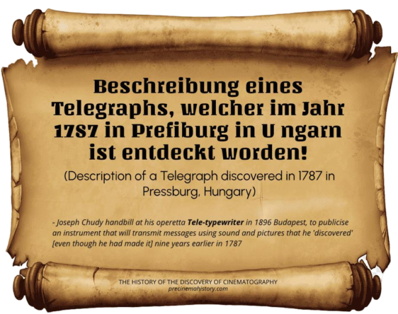 RealPreCinema's tweet image. As for the Hungarian Chudy, his pre cinema involvement begins when he composes a little opera, called “Tele-typewriter” for the Budapest Opera House in 1796.
We learn however that his operetta was a front, to advertise his #AudiovisualTelegraph. A handbill he wrote read;